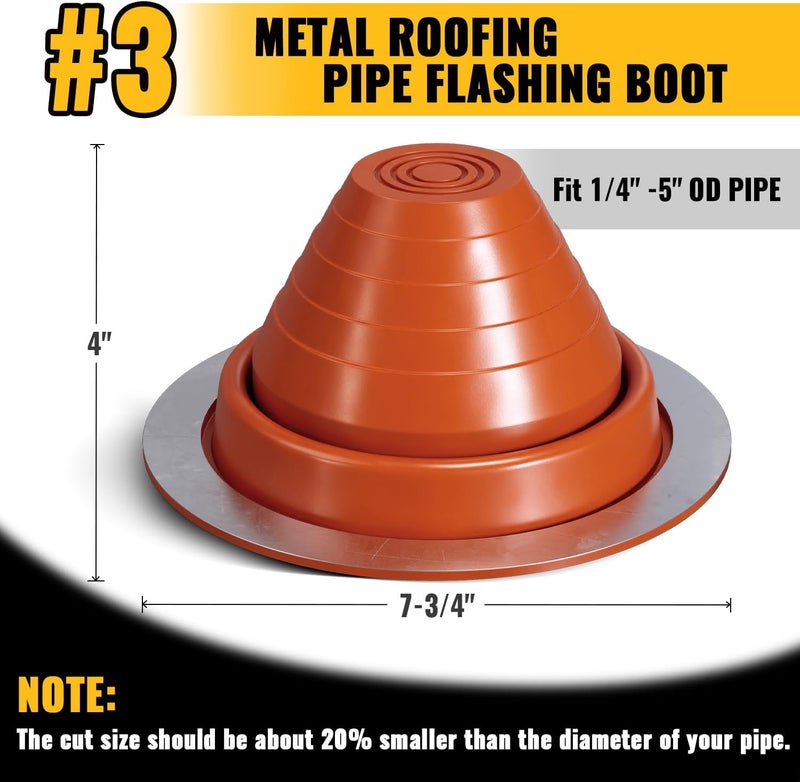 VIVIDA #3 Silicone Metal Roof Pipe Flashing Boot, High Temp Flexible Roof Jack Vent Boot for Pipe OD 1/4" to 5", Screws & Hex Socket Included, 1 Pack - Image 4